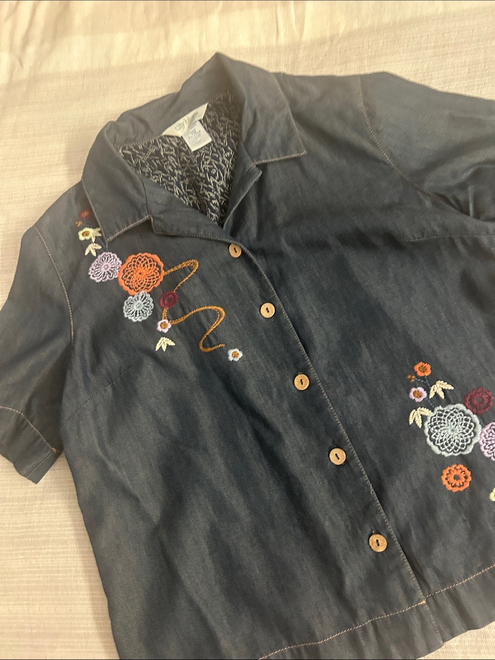 Koret Dark Blue Denim Short-Sleeve Button-Down Top with Floral Embroidery